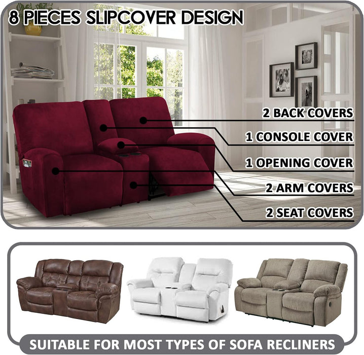 Reclining Love Seat with Middle Console Slipcover, 8-Piece Velvet Stretch Loveseat Reclining Sofa Covers, 2 Seat Loveseat Recliner Cover, Thick, Soft, Washable, Loveseat Slipcovers (Burgundy - Wine)