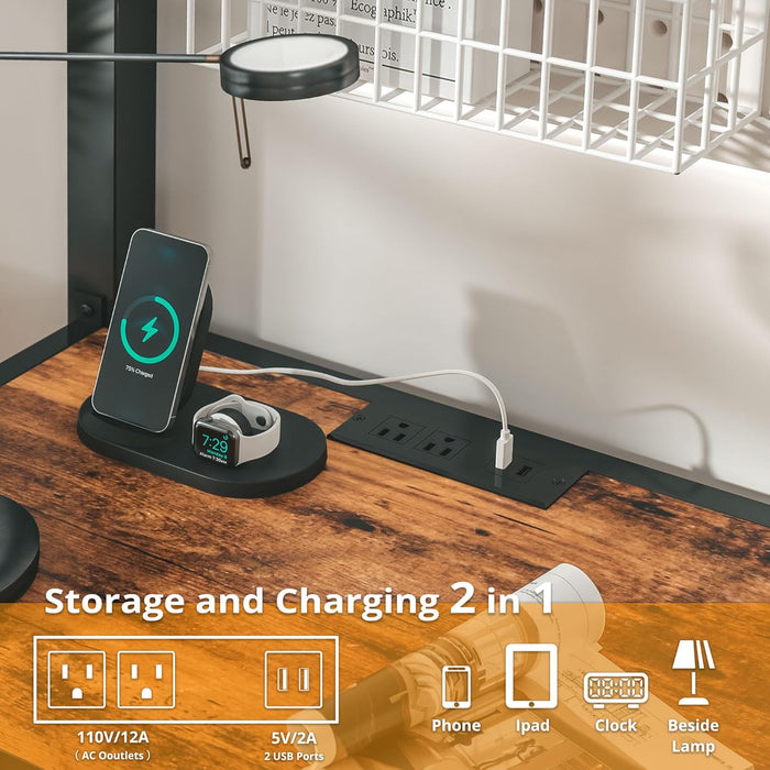 Loft Bed Twin Size with Desk, Metal Loft Bed Frame with Power Outlet and LED Lighted, Space-Saving, Noise Free, Black