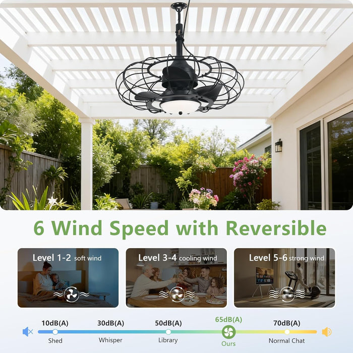 20" Black Outdoor Ceiling Fan with Light and Remote/App,3Cct 6 Speed Gazebo Fan Outdoor Hanging Hook,Ip65 Waterproof Plug in Ceiling Fan for Patios, Garage, Porch, Pergola,Canopy