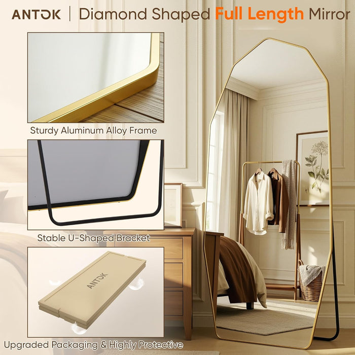 Full Length Mirror, 71"X32" Floor Mirror, Free Standing Wall Mounted or Leaning Full Body Mirror with Aluminum Alloy Frame, Diamond Irregular for Bedroom Entryway Cloakroom, Gold