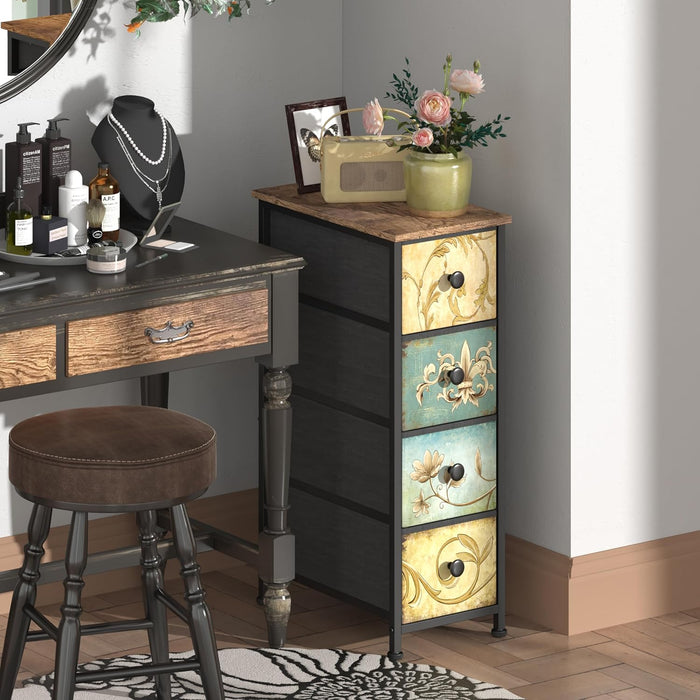 Narrow Storage Dresser Slim Dresser with Retro Flowers Fabric Drawers Vertical Skinny Cabinet for Small Spaces,Bathroom,Bedroom Closet Nightstand,Entryway Organizer (Retro Flower, 4 Drawers)