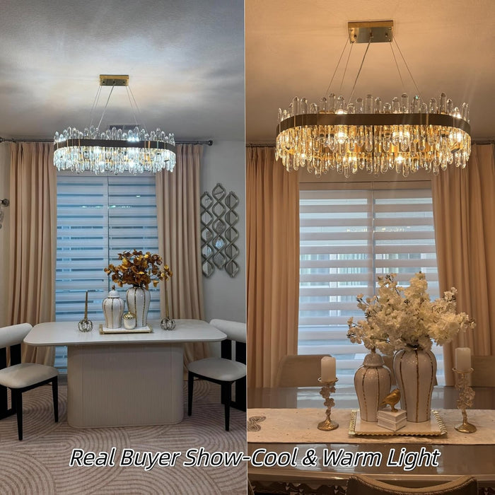 Modern Crystal Chandelier, 16-Lights 2 Tiers Dining Room Chandelier over Table, 36'' K9 Crystal Gold Rectangular Chandeliers for Kitchen Island Adjustable Long Chandeliers for Living Room