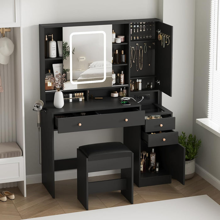 Vanity Desk with Mirror and Lights, Vanity Table Makeup Vanity with Lights 3 Drawers and Cabinets, Charging Station & Sliding Door, Lots Storage Shelves