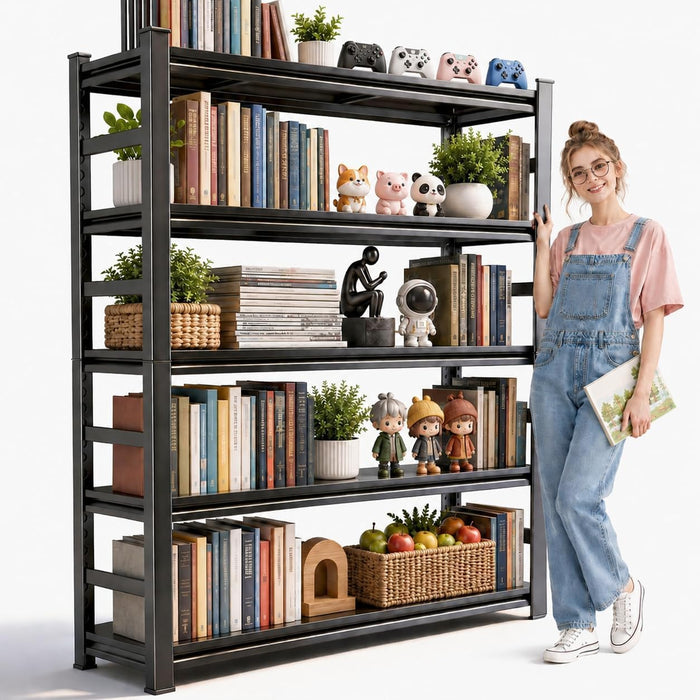 Metal Bookshelf, 5-Tier Adjustable Industrial Bookcase with Anti-Tip Kit | 2500LBS Boltless Steel Storage Shelves for Living Room, Bedroom & Home Office, 36"W X 16"D X 72"H