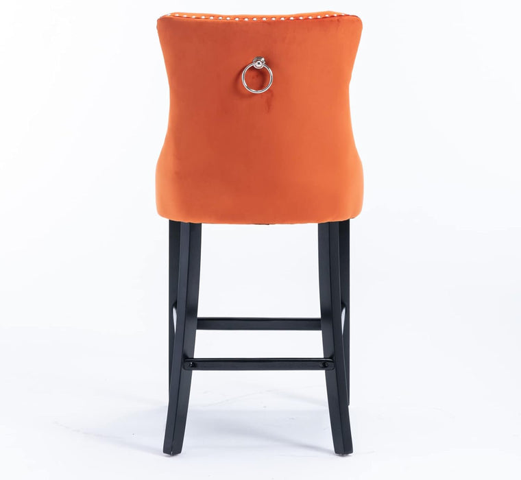 Velvet Upholstered Wingback Bar Stools Set of 2, Button Tufted Counter Height Bar Stool Chairs with Nailhead Trim&Handle Ring, Padded Kitchen Island Barstools W/Solid Wood Frame, Orange