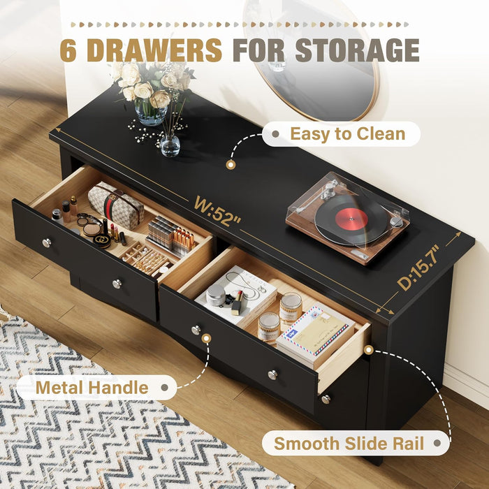GlossyBlack SixDrawer Dresser 52Inch Contemporary Storage
