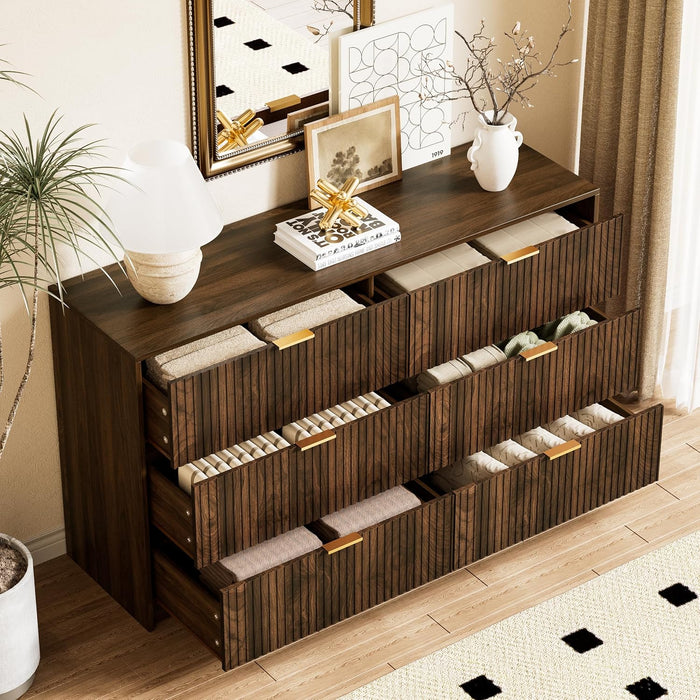 Walnut Dresser for Bedroom, Modern Dresser with 6 Drawers and Smooth Slides, Wide Chest of Drawers with Golden Handles for Bedroom, Living Room, Closet, 15.7" D X 55.1" W X 31.4" H