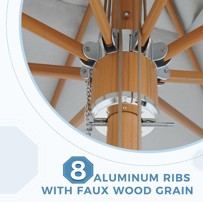 10X10 FT Rectangular Patio Umbrella with 3-Year-No-Fade Olifen Fabric, Outdoor Umbrella with 8 Faux-Wood Grain Aluminum Ribs, Market Umbrella with Pulley Lift for Poolside, Deck, Backyard, Light Gray
