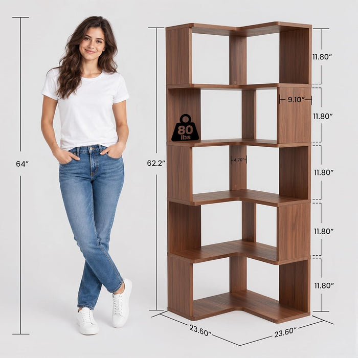 6-Tier L-Shaped Corner Bookshelf, 63" Freestanding Bookcase with Baffle