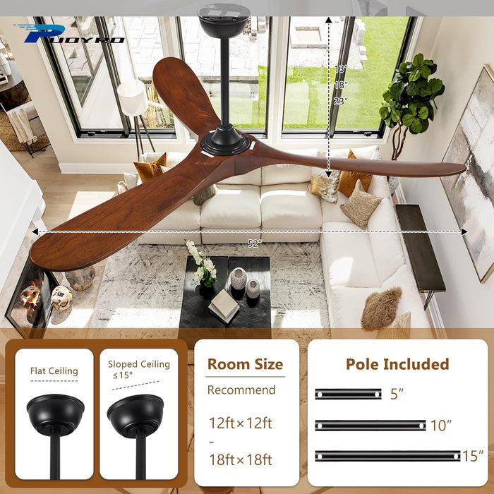 52" Ceiling Fan with Light and Remote, 6-Speed Dimmable Outdoor Ceiling Fan, High CFM Quiet 3 Blade Wood Ceiling Fan,  Modern Propeller Ceiling Fan for Outdoor Indoor Living Patio Porch (Walnut)