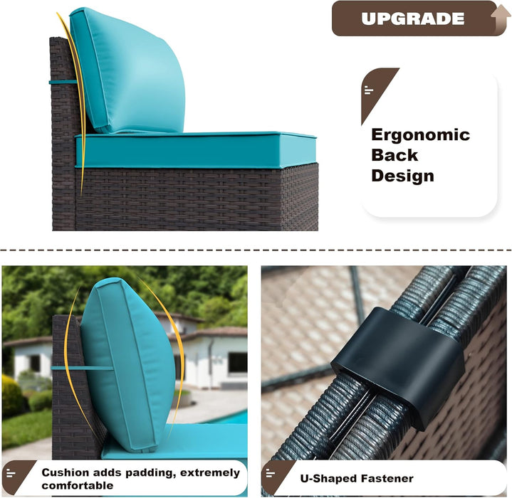 7 Pieces Patio Furniture Set, Rattan Outdoor Conversation Sets W/43In Propane Fire Pit Table and 4 Inch Cushion(Blue)