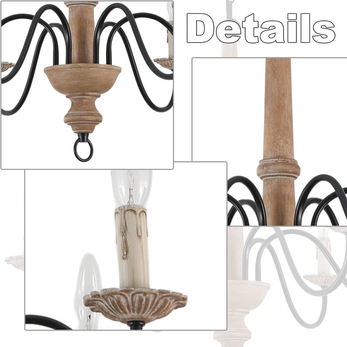 Six Lights French Country Rustic Wooden Chandelier