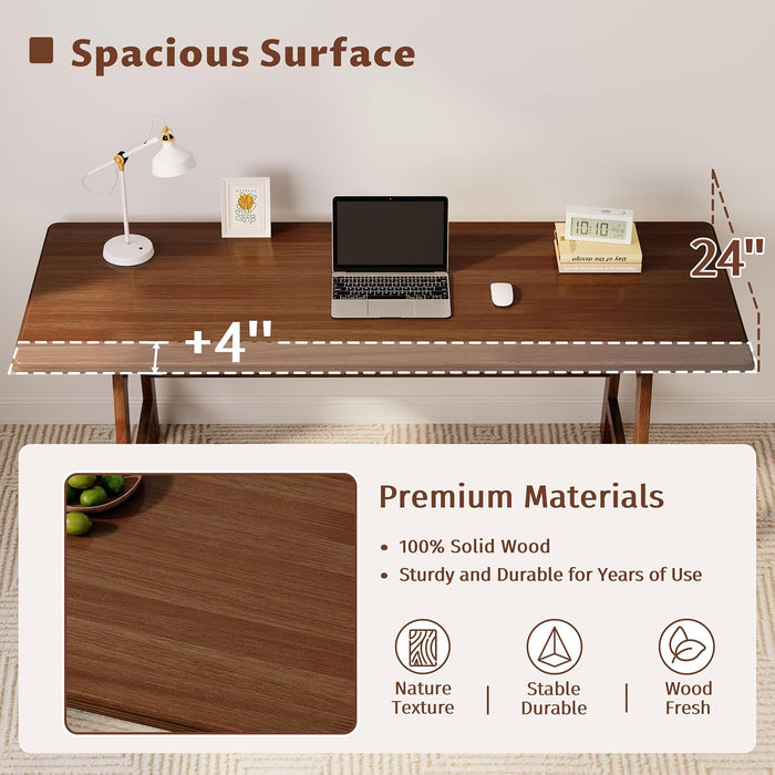 Solid Wood Writing Table - 60" W Minimalist PC Computer Desk, Walnut