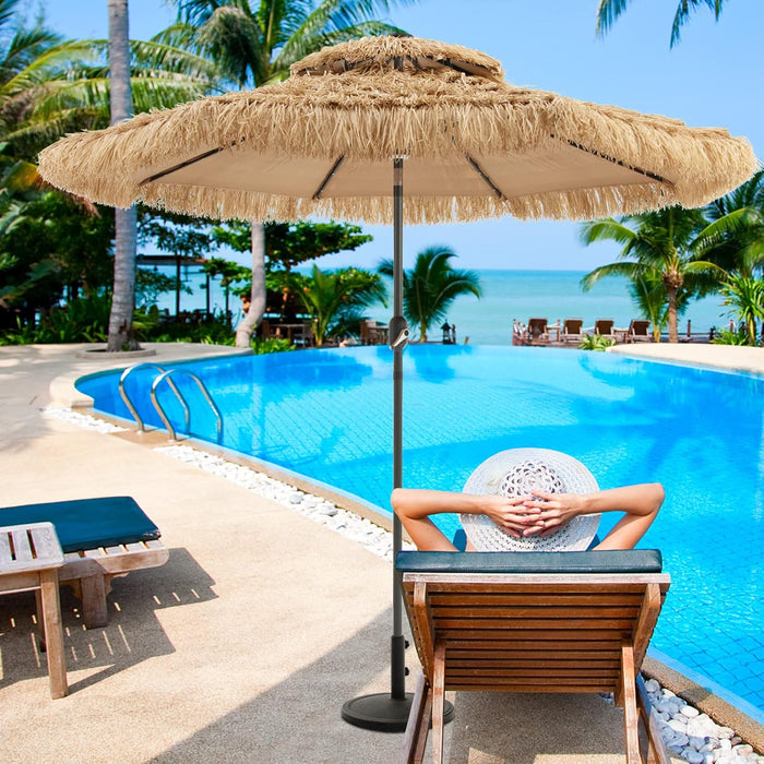 9 Ft Thatched Patio Umbrella, 2 Tier Hawaiian Style Grass Beach Umbrella with 32 Led Lights, Center Light, Solar Tiki Umbrella with 8 Ribs, Tilt Adjustment, Manual Crank for Backyard Pool