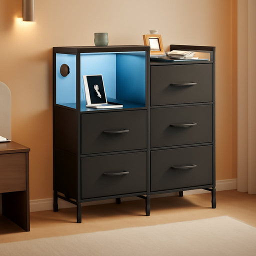 Black Nightstand with Charging Station and LED Light, Wide 5 Drawers Dresser for Bedroom with Fabric Bins and Open Shelf for Bedroom Kids Closet Dorm Guest Room, Black