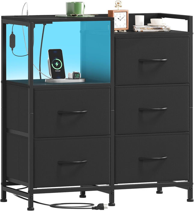 Black Nightstand with Charging Station and LED Light, Wide 5 Drawers Dresser for Bedroom with Fabric Bins and Open Shelf for Bedroom Kids Closet Dorm Guest Room, Black