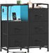 Black Nightstand with Charging Station and LED Light, Wide 5 Drawers Dresser for Bedroom with Fabric Bins and Open Shelf for Bedroom Kids Closet Dorm Guest Room, Black