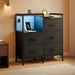 Black Nightstand with Charging Station and LED Light, Wide 5 Drawers Dresser for Bedroom with Fabric Bins and Open Shelf for Bedroom Kids Closet Dorm Guest Room, Black