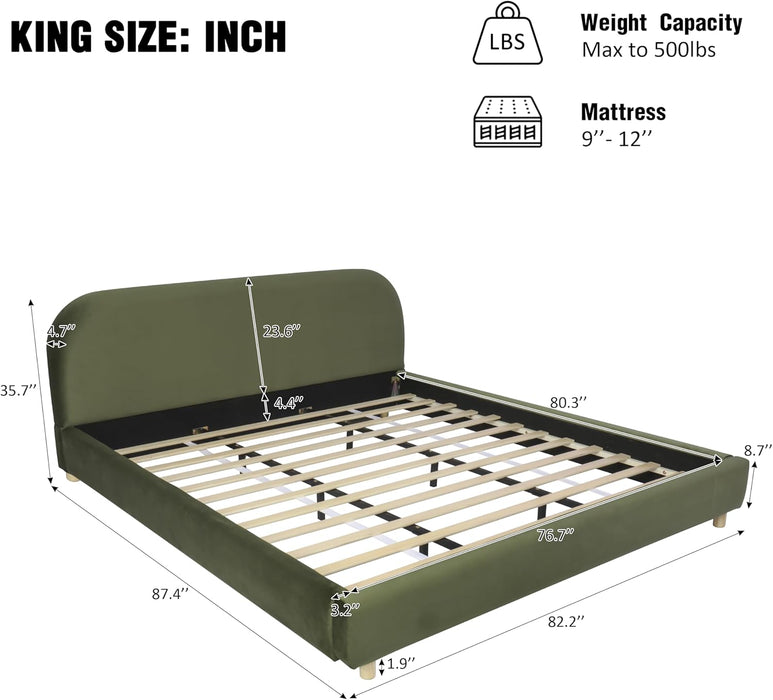 King Size Teddy Fleece Thick Fabric Upholstered Platform Bed with Curved Shaped Headboard, Wood Bed Frame with Solid round Legs for Kids Teens Adults, Olive Green