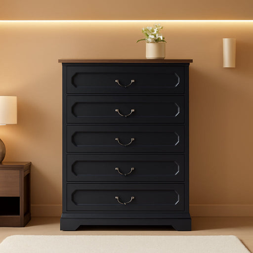 5 Drawer Dresser for Bedroom Farmhouse Black Wood Chest of Drawers for Bedroom Dresser, Rustic 46" Tall Wide Drawers Dressers Wooden Closet Storage Cabinet, Hallway, Living Room