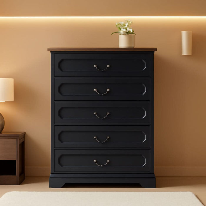 5 Drawer Dresser for Bedroom Farmhouse Black Wood Chest of Drawers for Bedroom Dresser, Rustic 46" Tall Wide Drawers Dressers Wooden Closet Storage Cabinet, Hallway, Living Room