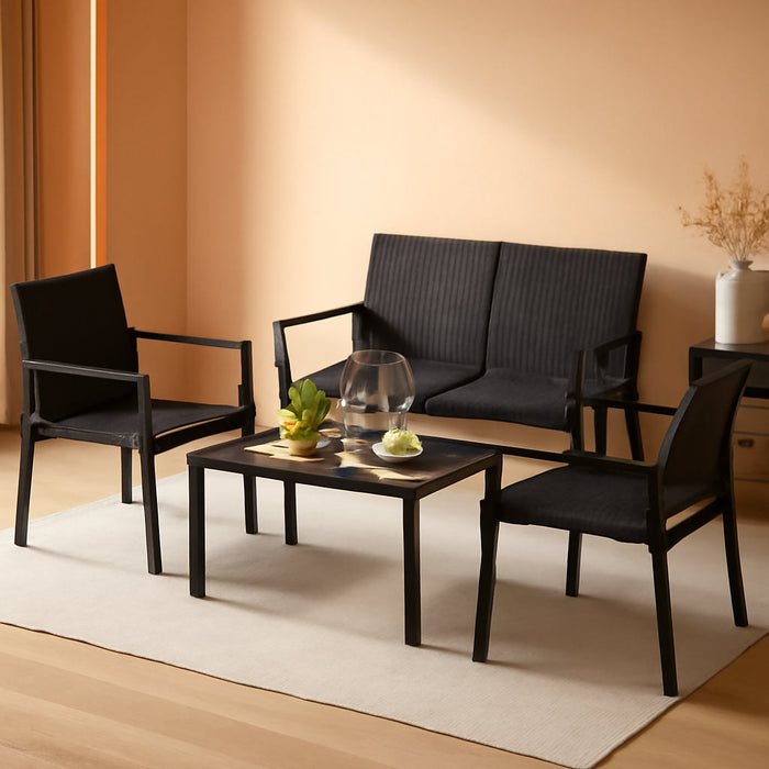 4 Pieces Wicker Patio Conversation Set with Coffee Table, PE Rattan Chairs with Galvanized Metal Frame, Outdoor Table and Chairs Set for Small Space, Balcony, Poolside, Backyard (Black)