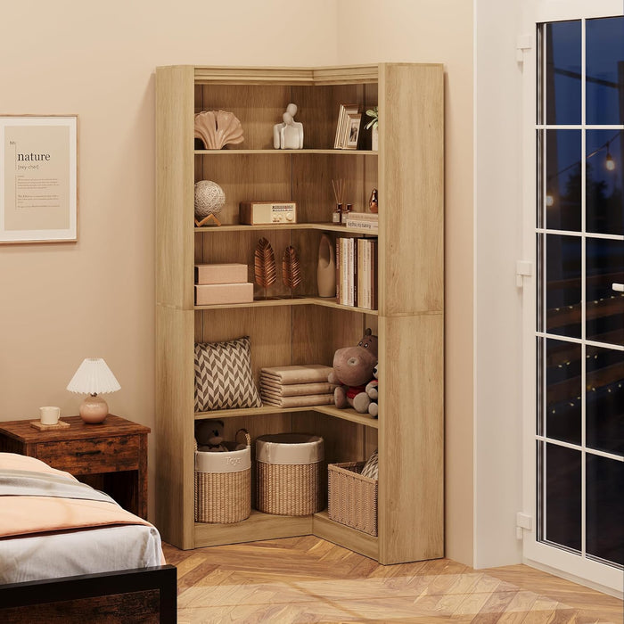 Corner Bookshelf 71 Inch Weathered WalnutFinish Organizer