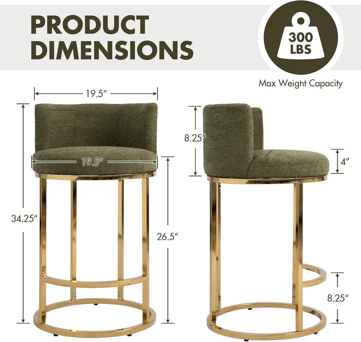 Counter Height Bar Stools Set of 2, Chenille Upholstered Barstools with Back, Modern Barrel Counter Stools for Kitchen Island with Gold Metal Frame, Green