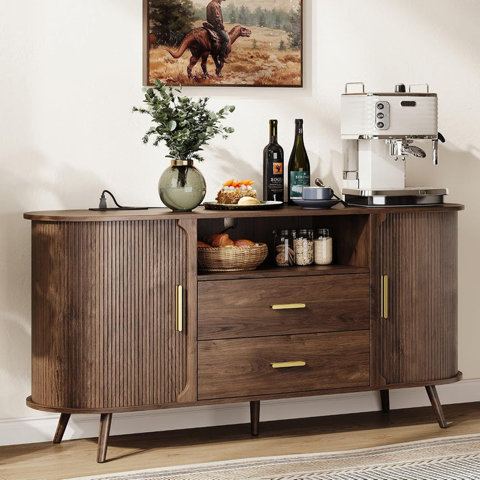60" Sideboard Buffet Cabinet, Walnut Buffet Sideboard Storage Cabinet, Sliding Door & Adjustable Shelf, Mid-Century Modern Accent Coffee Bar Console Table for Kitchen, Entryway/Living Room/Dining Room