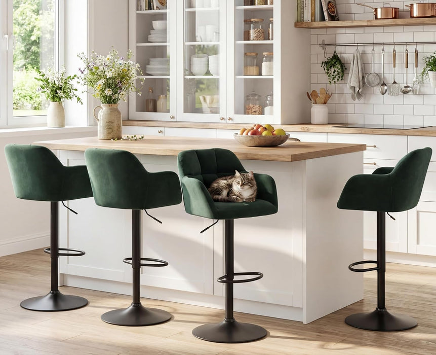 Modern Swivel Bar Stools Set of 2 Velvet Counter Height Barstools with Back and Arms Adjustable Bar Stool Chairs with Metal Base for Kitchen Island/Home Bar/Dining Room, Green
