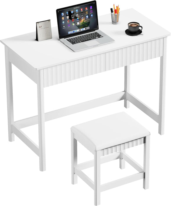 40 Inch Modern Desk with Drawers, Makeup Vanity Desk with Padded Stool, Small Home Office Desk for Bedroom, White