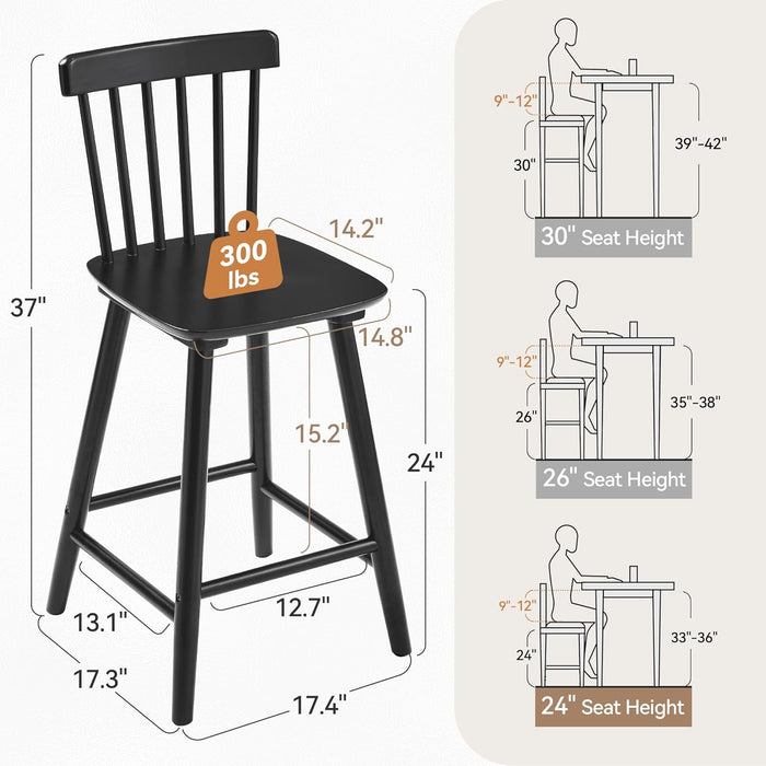 Windsor Wooden Bar Stools Set of 4 for Kitchen Island, Farmhouse 24 Inch Counter Height Stools Chairs with Spindle Back, Black