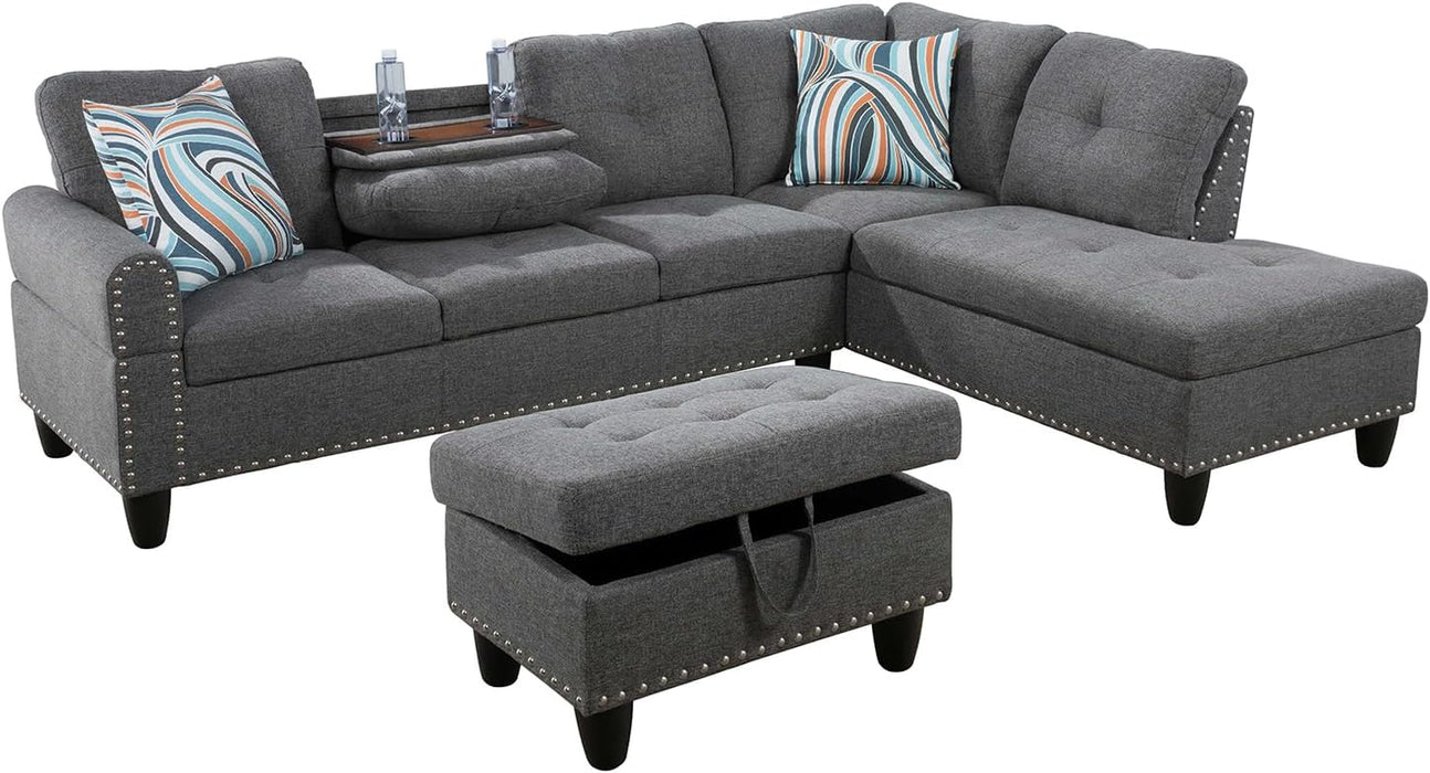 L Shaped Sectional Sofa with Ottoman, Nail-Head Design Linen Right Facing Modern Couches with Cup Holder for Living Room, Bedroom, Office