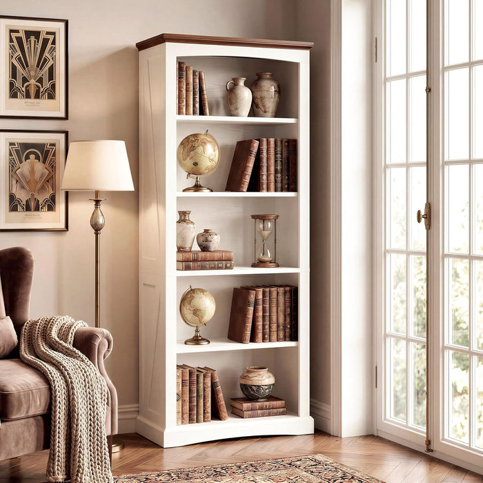 Farmhouse Bookcase 70 Inches Tall White TwoToneFinish