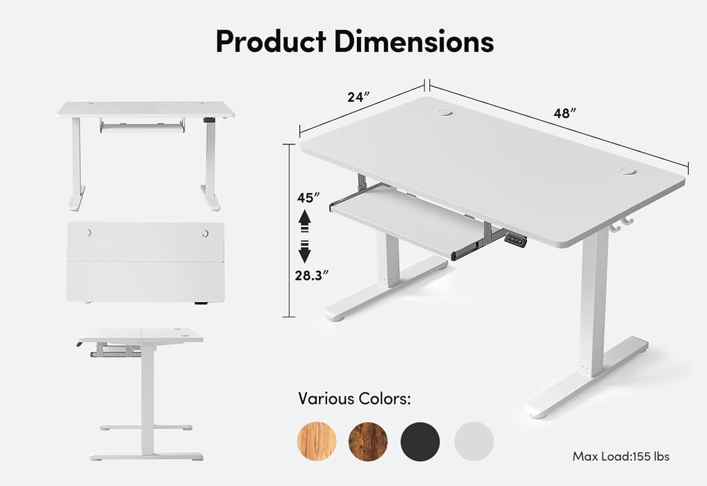 Standing Desk with Keyboard Tray, 48 X 24 Inch Adjustable Height Sit Stand Desk with Memory Presets for Home Office, Ergonomic Computer Workstation, White