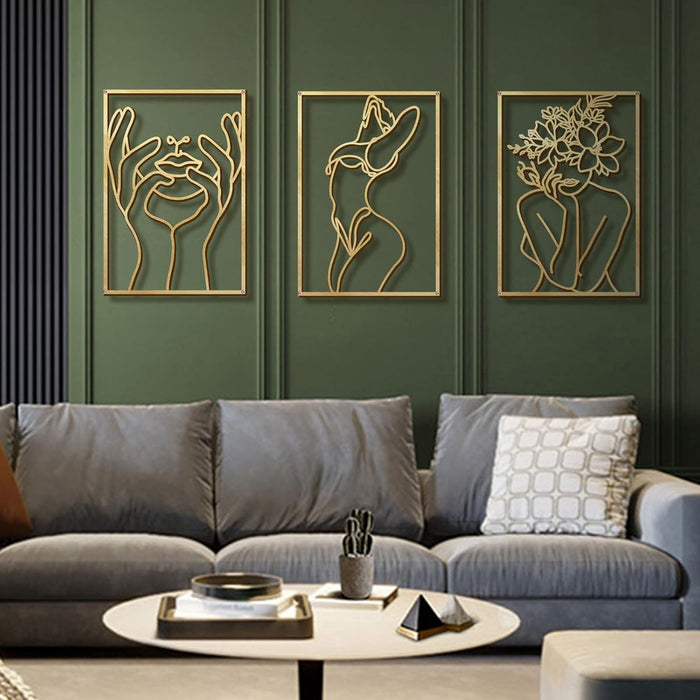 4 Pack Gold Wall Art Decor, Minimalist Single Line Real Metal Wall Art, Woman'S Body Shape Abstract Wall Art (Gold Classic Style, 17 X 11.8'')