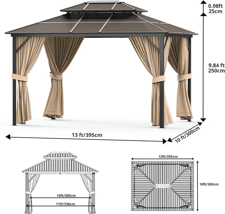 10'X13' Hardtop Gazebo, Double Polycarbonate Roof, All-Weather Heavy-Duty Aluminum Frame, Netting & Curtains, Permanent Outdoor Pavilion for Patio, Garden, Lawn, Khaki