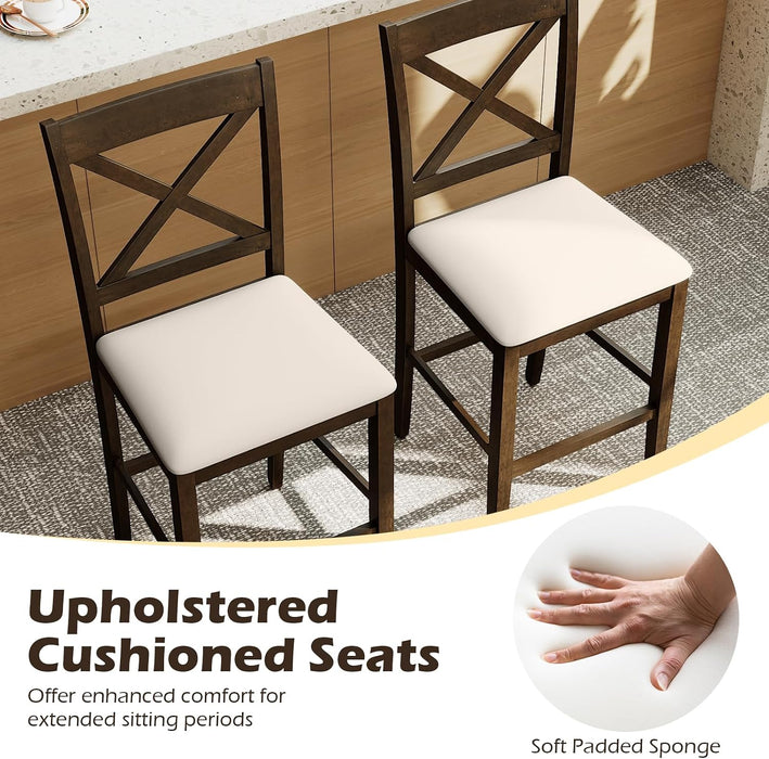 24" Farmhouse Bar Stools Set of 2, Cross Back Counter Height Chairs with Padded Linen Upholstered Seat & Footrest, Wooden Barstools for Kitchen Island, Dining Room, Cafe, Dark Brown & Cream