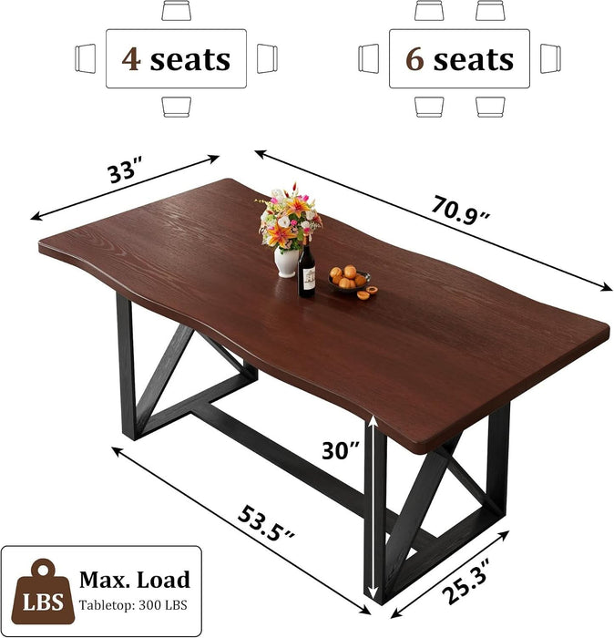 71" Solid Wood Dining Table for 4-6 People, Live Edge Kitchen Table,Brown