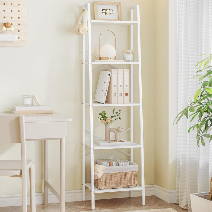 White Freestanding Industrial Ladder Shelf With Hooks