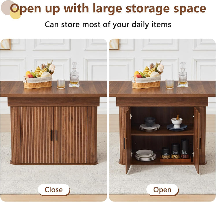 55"-71" Extendable Dining Table with Storage, Expandable Kitchen Table for 4-6, Space Saving Dining Room Table with Hidden Storage Cabinet, Adjustable Shelves & Fluted Base (Walnut)