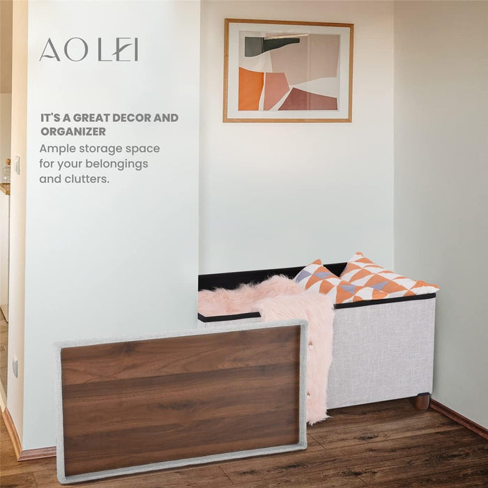 30 Inches Storage Ottoman Bench, Storage Bench with Wooden Legs for Living Room Folding Ottoman Foot Rest Removeable Lid for Bedroom End of Bed, Linen Fabric