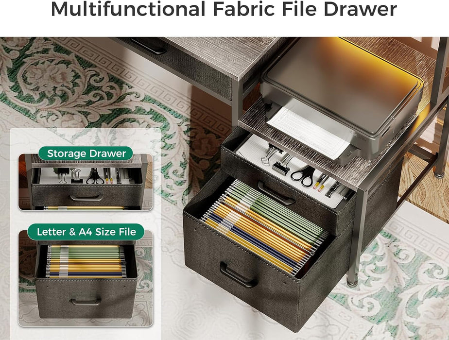 48-Inch Computer Desk with Fabric File Cabinet and Fabric Drawers, Reversible Office Desk with LED Strip and Power Strip, Gaming Desk with Monitor Riser, Writing/Study Table for Home, Oak Grey