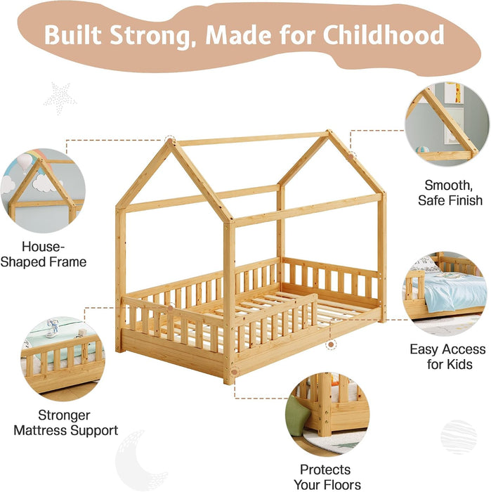 Twin Size NaturalWood PlayhouseStyle Bed Guardrails
