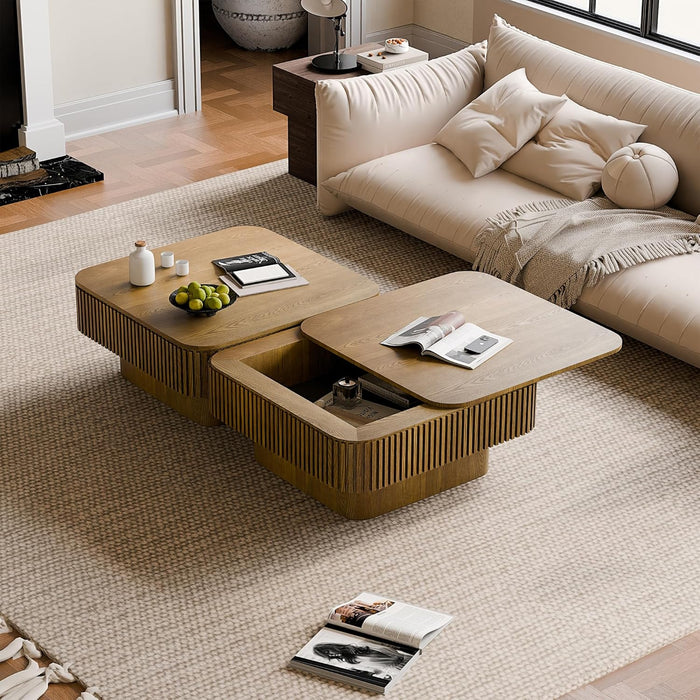 31.5 Inch Square Drum Coffee Table with Storage, Modern Handcraft Fluted Drum Coffee Table, Wooden Square Center Table Cocktail Tea Table with Sturdy Pedestal for Living Room Apartment (Brwon)