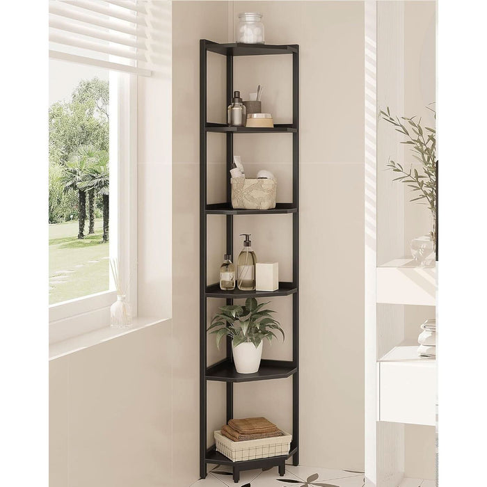 Corner Shelf Stand, Corner Bookshelf, Storage Standing Shelf Unit with Metal Frame, Plant Stand, Corner Bookcase for Living Room, Home Office, Bedroom, 6-Tier Black CS06006B