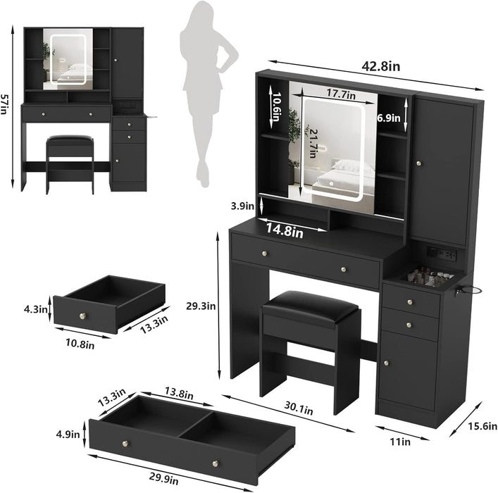 Vanity Desk with Mirror and Lights, Vanity Table Makeup Vanity with Lights 3 Drawers and Cabinets, Charging Station & Sliding Door, Lots Storage Shelves