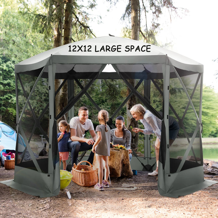 12'X12' Pop-Up Gazebo Outdoor Camping Tent with 6 Sides Mosquito Netting, Waterproof, UV Resistant, Portable Screen House Room, Easy Set-Up Party Tent with Carry Bag, Ground Spike, Gray