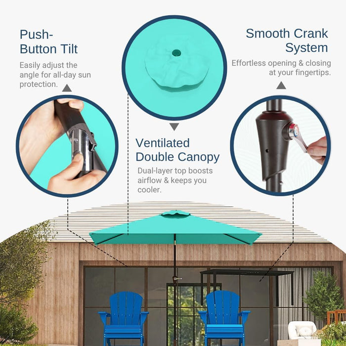 6.5' X 10' Rectangular Patio Umbrella Large Outdoor Market Umbrella W/ UV Protection, Push Button Tilt and Crank Lift, Rectangle Table Umbrella for Garden, Deck, Pool, Patio, Turquoise Blue