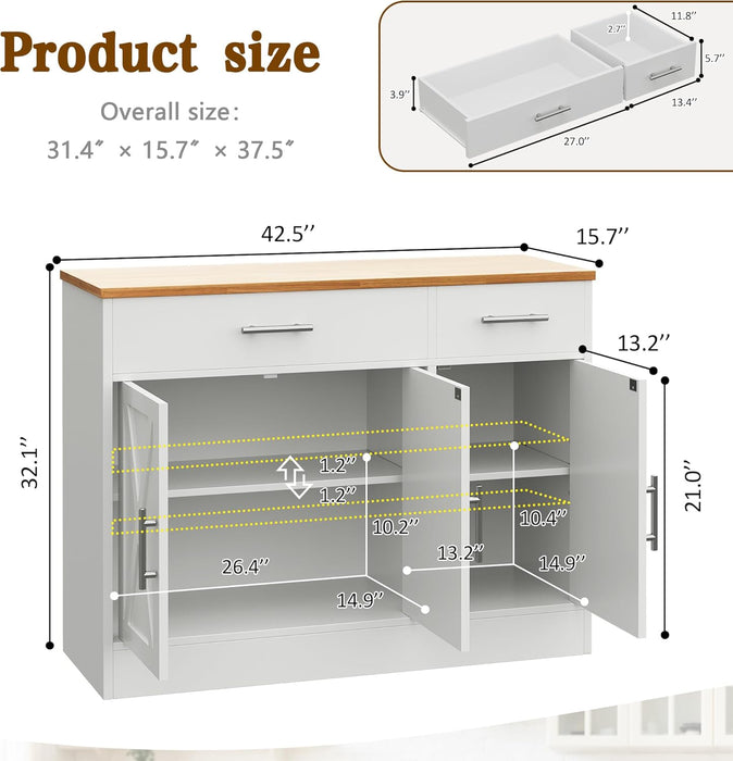 43” Sideboard Buffet Cabinet with Storage, Farmhouse Coffee Bar with Drawers and Shelves, Wood Buffet Table for Kitchen, Dining Room, White